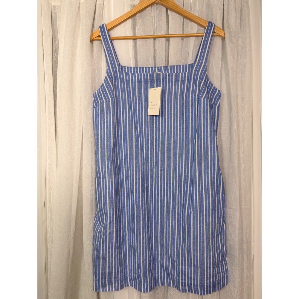 A New Day Women Blue White Striped Cotton Linen Mini Shift Dress Square Neck S